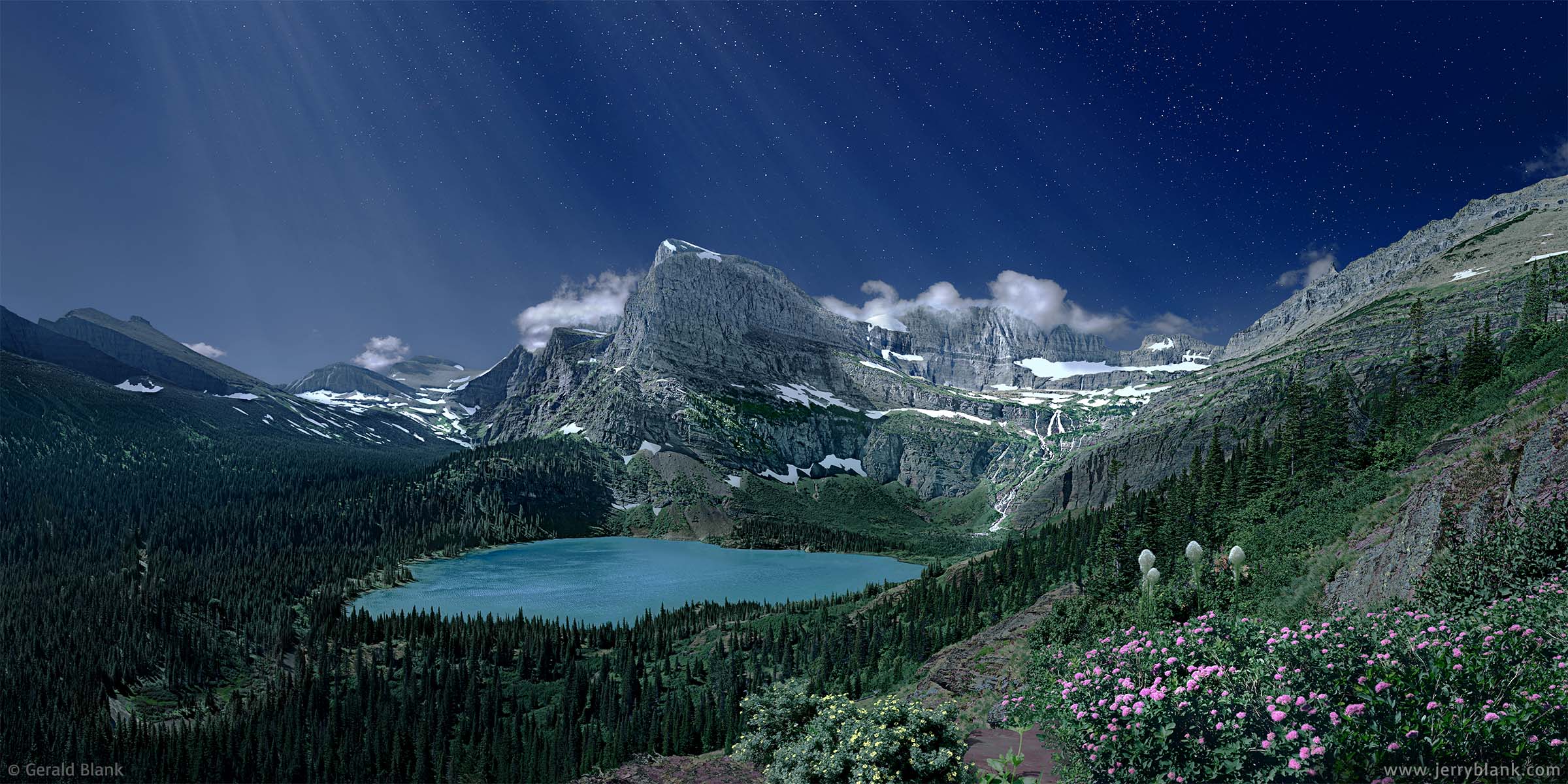 #25019 - A moonlit view looking south toward the Cataract Creek and Grinnell Glacier valleys in Glacier National Park, Montana. Angel Wing and Grinnell Lake are in the center of the photo. - by Jerry Blank