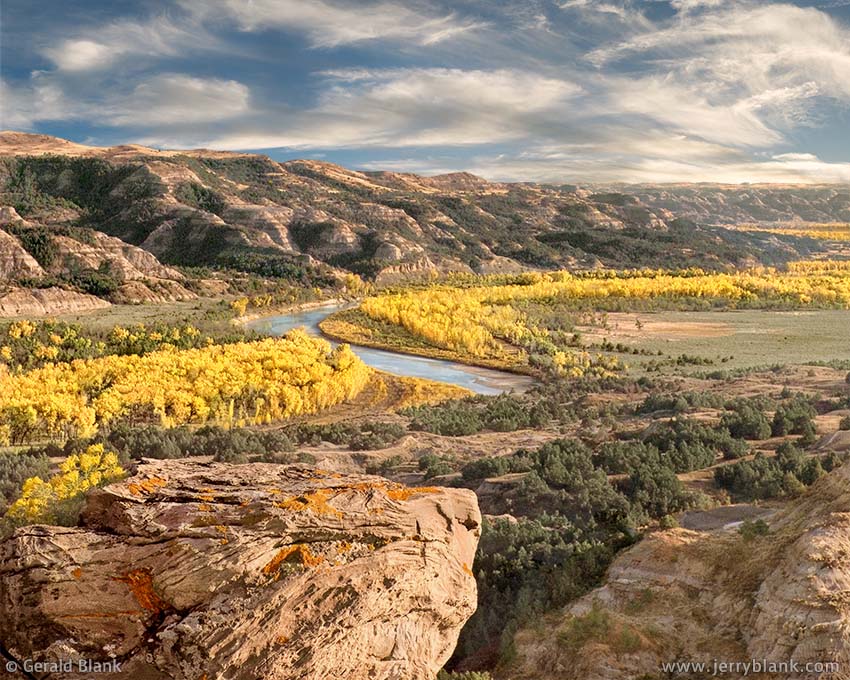 #00006 - Autumn cottonwoods in the Little Missouri River bottoms. Location: Oxbow Overlook, Theodore Roosevelt National Park, North Dakota - photo by Jerry Blank