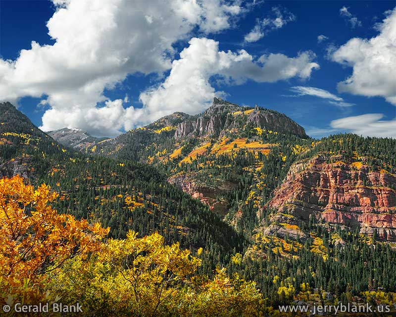 #06683 - A colorful autumn view looking southeast over Ouray, Colorado, toward the Uncompahgre Gorge. Colorado landscape photography by Jerry Blank.