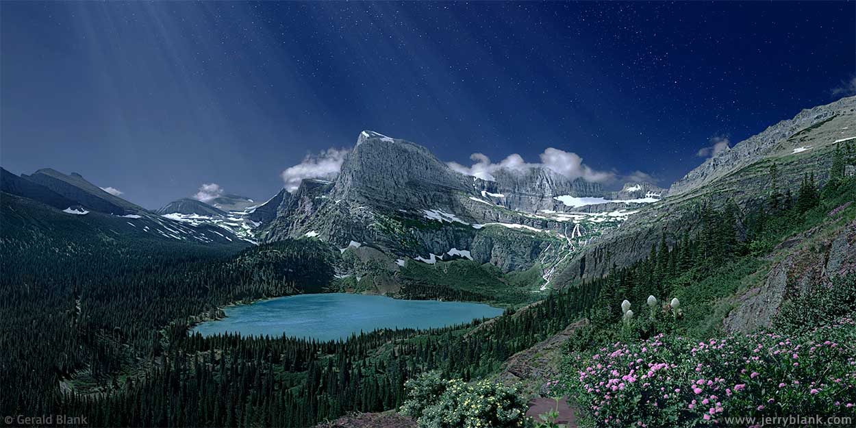 #25018 - A moonlit night view looking south toward the Cataract Creek and Grinnell Glacier valleys in Glacier National Park, Montana. Angel Wing and Grinnell Lake are in the center of the photo - Photo by Jerry Blank