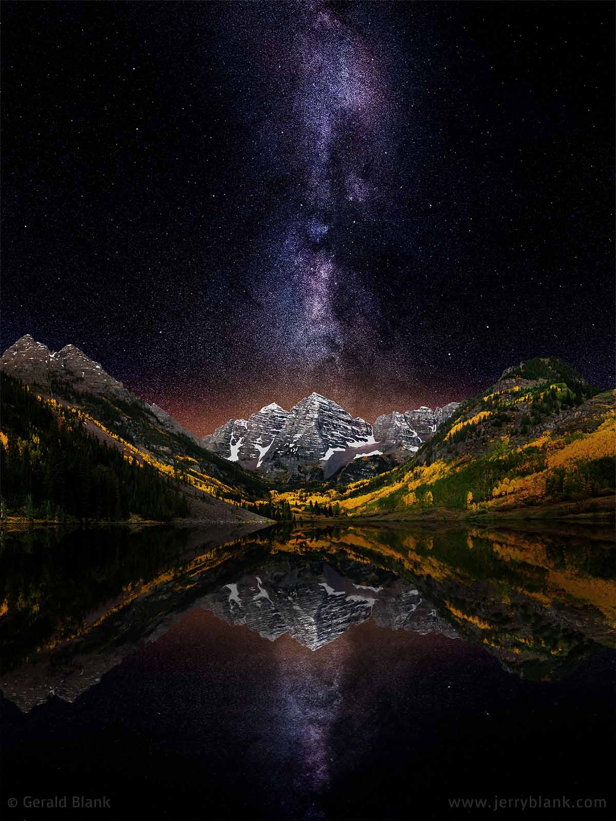 #40560 - A starry night view of the Milky Way and the Maroon Bells in autumn, reflected in Maroon Lake, Colorado - photo by Jerry Blank